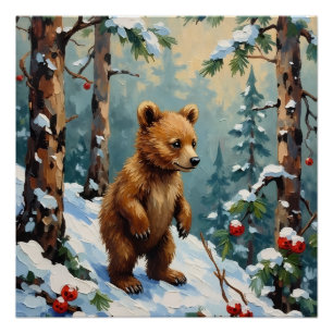 Vintage-Bärenjunges im schneebedeckten Kiefernwald Poster