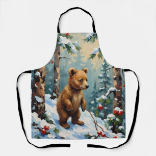 Vintage Bärenjunges im schneebedeckten Kiefernwald Schürze