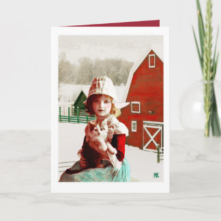 Vintage-Barn-Kitty-Weihnachtskarte mit weißem Rand Feiertagskarte