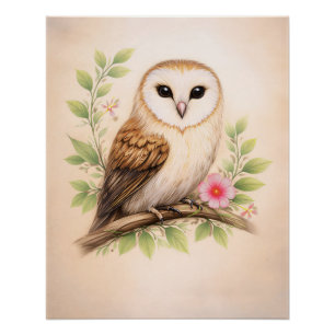 Vintage-Barn-Owl-Botanisches-Vogel-Nursery-Art-Pos Poster