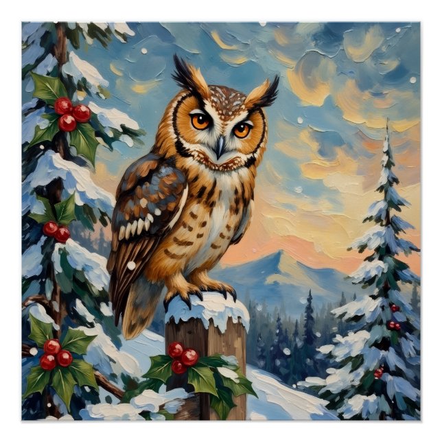 Vintage Barn Owl on Frosty Fence Christmas Poster (Vorderseite)
