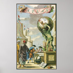Vintage Barock-Ära-Atlas-Frontispiz-Weltkugel Poster