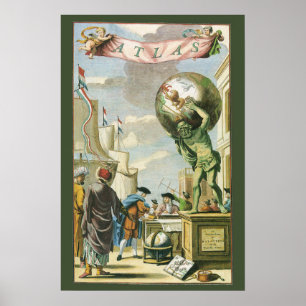 Vintage Barock-Ära-Atlas-Frontispiz-Weltkugel Poster