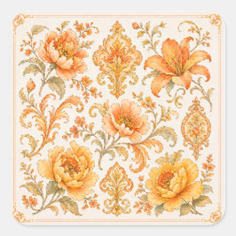 Vintage Barock Blumenmuster – Warm Orange /Gold Quadratischer Aufkleber