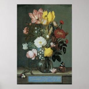 Vintage Barock, Blumenstrauß in Glasvase Poster