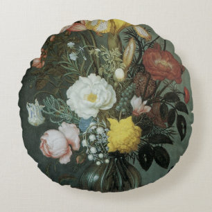 Vintage Barock, Blumenstrauß in Glasvase Rundes Kissen