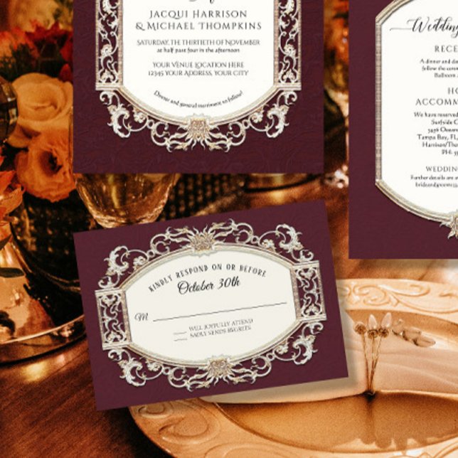 Vintage Barock Rokoko Burgund und Goldhochzeit RSVP Karte (Von Creator hochgeladen)