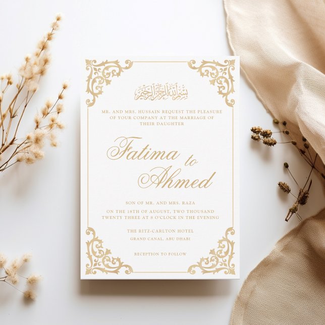 Vintage Barock White Script Gold-Hochzeit Einladung (Von Creator hochgeladen)