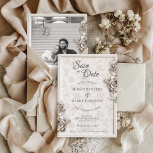 Vintage Barockblumenmonogramm-Foto-Hochzeit Save The Date