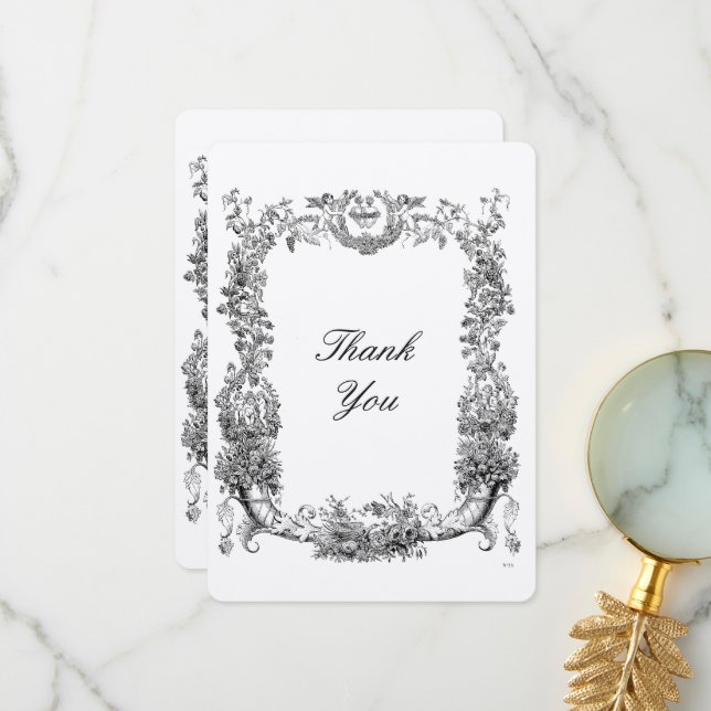 Vintage barocke Rokoko-Grenze mit Herz Dankeskarte (Vorderseite/Rückseite Beispiel)