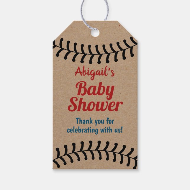 Vintage Baseball-Baby-Dusche Rustikale Kraft Geschenkanhänger (Vorderseite)