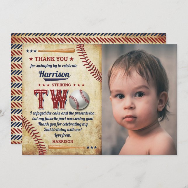 Vintage Baseball Boys 2. Geburtstag Foto Dankeskarte (Vorne/Hinten)