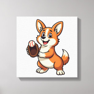 Vintage-Baseball-Corgi-Hund-Catcher-Cartoon-Vektor Leinwanddruck