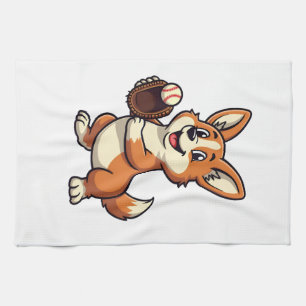 Vintage-Baseball-Corgi-Hund-Fänger-Cartoon-Vektor  Geschirrtuch
