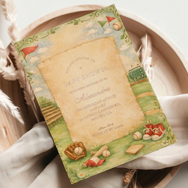 Vintage Baseball Storybook Baby Shower Folieneinladung (Von Creator hochgeladen)