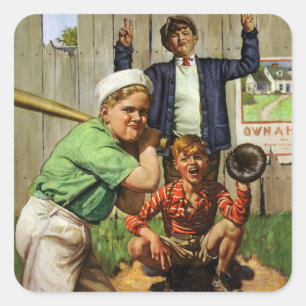 Vintage Baseballspiel, Kinder Jungen Sportler Quadratischer Aufkleber