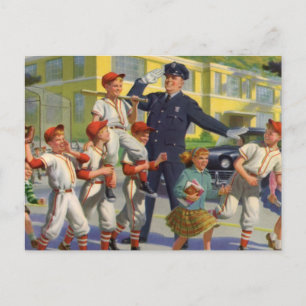 Vintage Baseballspieler und Polizeiwache Postkarte