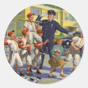 Vintage Baseballspieler und Polizeiwache Runder Aufkleber