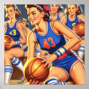 Vintage Basketball-Girls-Illustration Poster