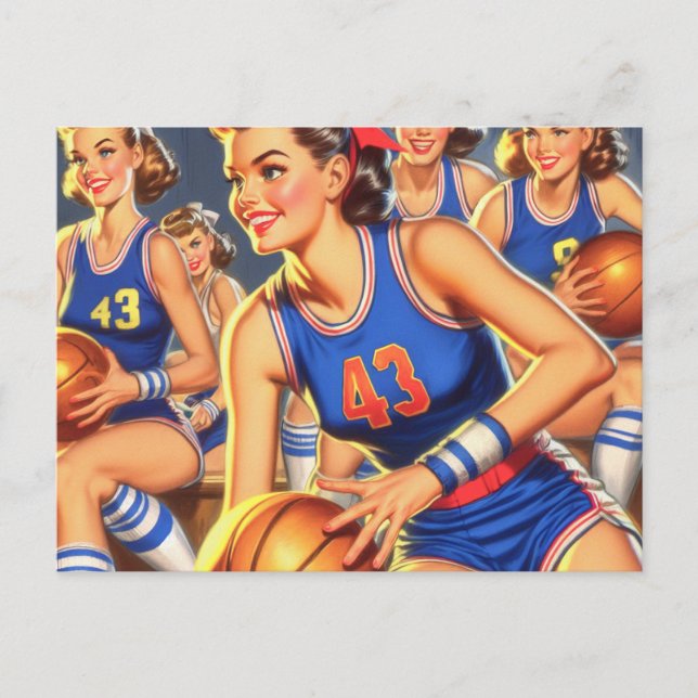Vintage Basketball-Girls-Illustration Postkarte (Vorderseite)