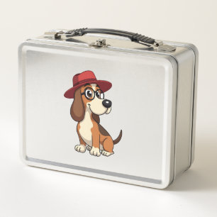 Vintage-Basset-Hound-Cartoon mit rotem Hut Süßer H Metall Brotdose