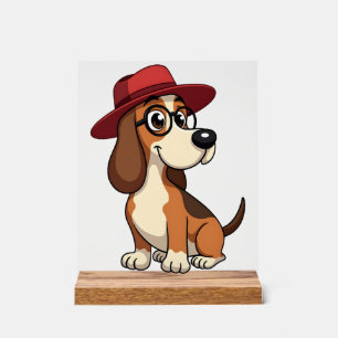 Vintage-Basset-Hound-Cartoon mit roter Mütze Süßer Acrylschild