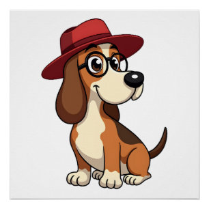 Vintage-Basset-Hound-Cartoon mit roter Mütze Süßer Poster