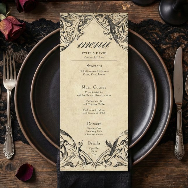 Vintage Bat Until Death Black Parchment Wedding Menükarte (Vintage Bat Until Death Black Parchment Wedding Menu)
