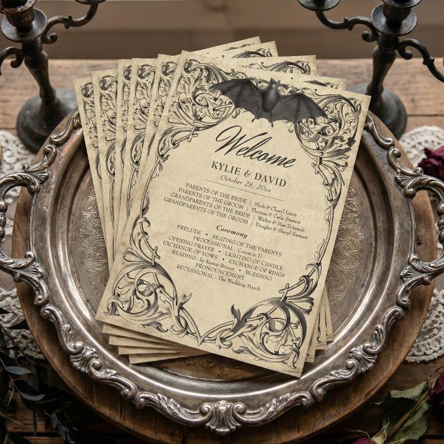 Vintage Bat Until Death Black Parchment Wedding Programm (Vintage Bat Until Death Black Parchment Wedding Program)