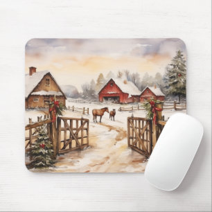 Vintage Bauernhof mit Pferden im Winter Mousepad