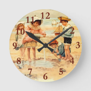 Vintage Beach Boy Girl Children Fine Art Runde Wanduhr