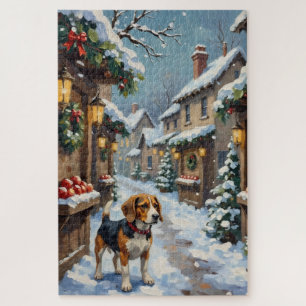 Vintage-Beagle auf einem verschneiten Weihnachtsma Puzzle