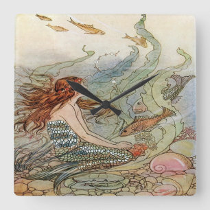 Vintage Beautiful Girly Mermaid Under The Sea Quadratische Wanduhr