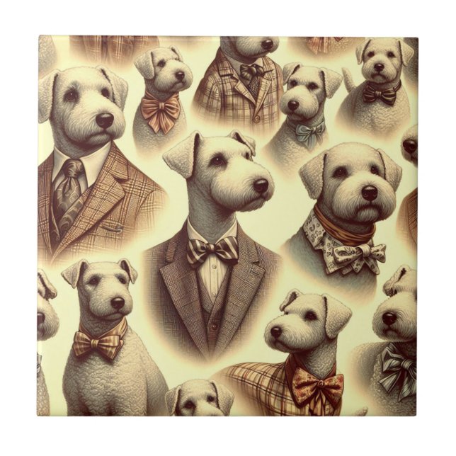 Vintage Bedlington Terrier Illustration Fliese (Vorderseite)