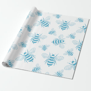 Vintage Bee Botanical Blau (1) Geschenkpapier