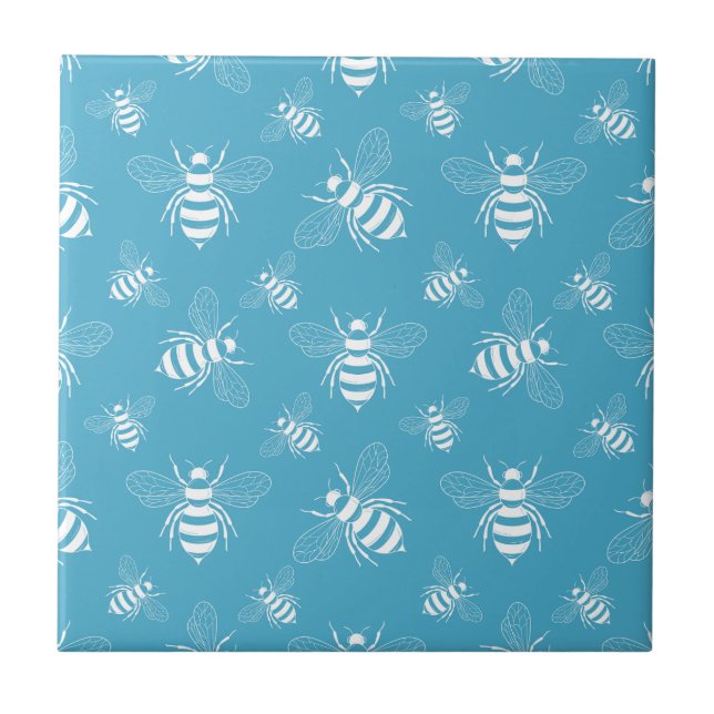 Vintage Bee Botanical Blau (2) Fliese (Vorderseite)