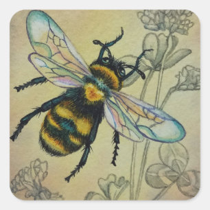 Vintage Bee No. 2 and Clover Watercolor Art Quadratischer Aufkleber