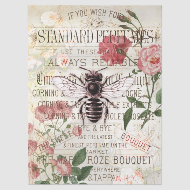 Vintage Bee Rose Bouquet Ephemera Decoupage Seidenpapier (Vorderseite)