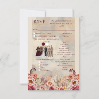 Vintage Beige and Burgundy Floral All-in-One RSVP Karte