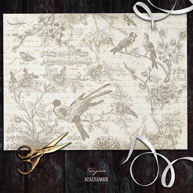 Vintage Beige Birds Blume Französisch Script Seidenpapier (Von Creator hochgeladen)