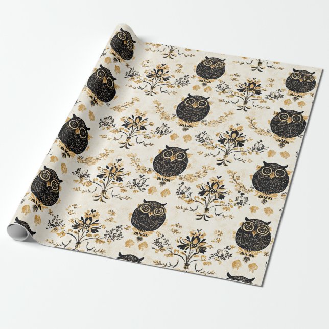 Vintage Beige Eule Naturmuster Geschenkpapier (Ungerollt)