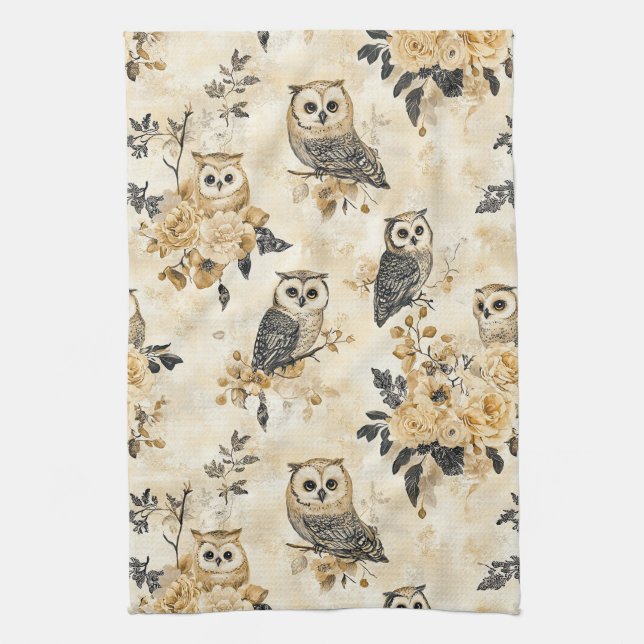 Vintage Beige Eulen-Botanik-Waldmuster Geschirrtuch (Vertikal)