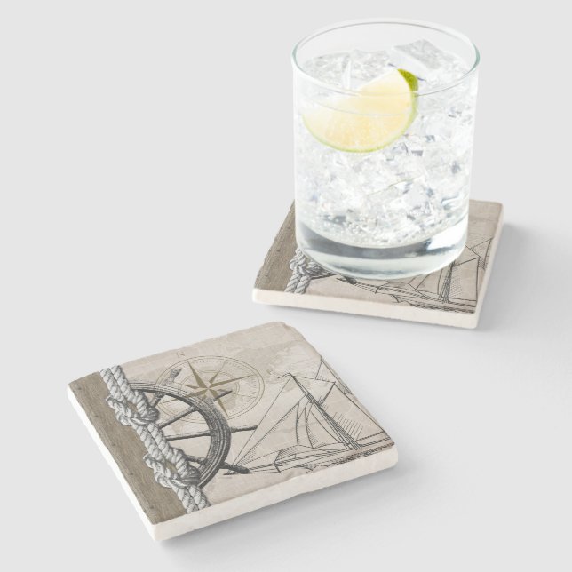 Vintage Beige und Braun-Nautische Grafik Steinuntersetzer (Seitenansicht)