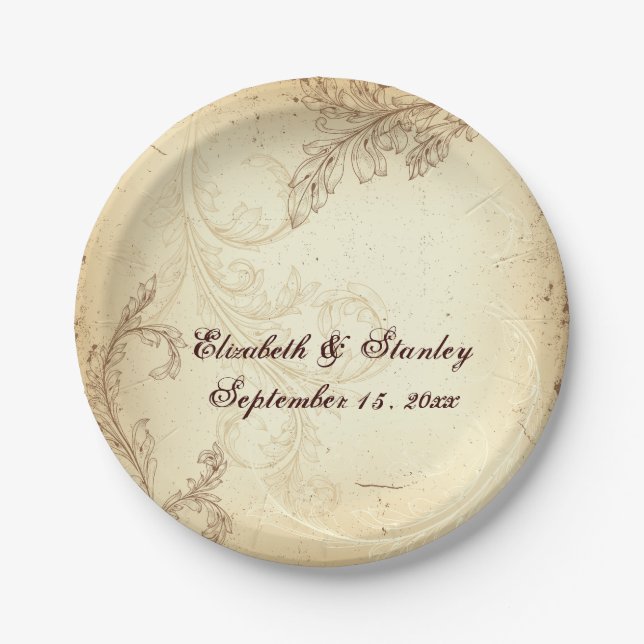 Vintage Beige- und Braunblatt-Hochzeit Pappteller (Vorderseite)