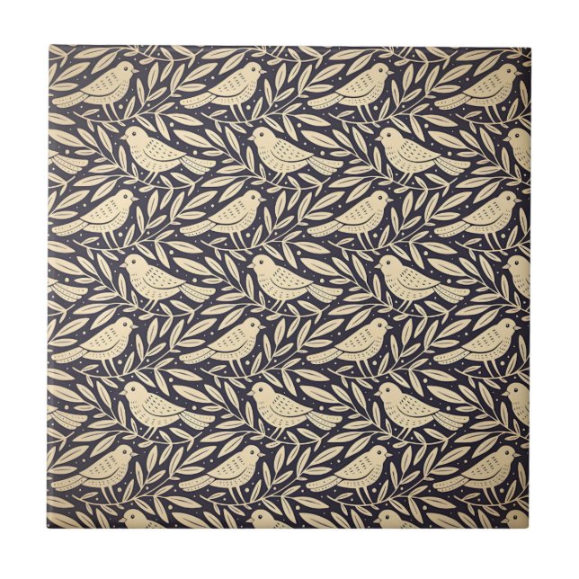 Vintage beige Vogel Muster auf dunklem Hintergrund Fliese (Vorderseite)