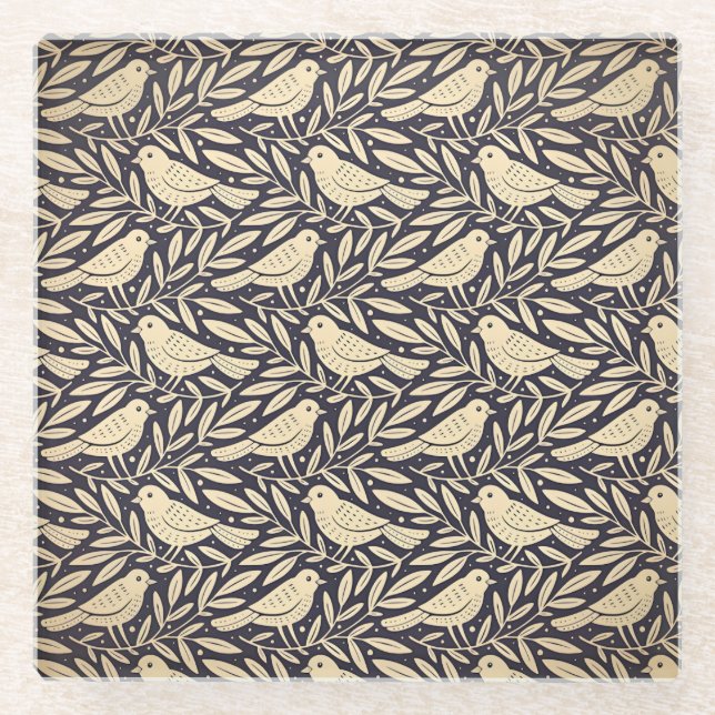Vintage beige Vogel Muster auf dunklem Hintergrund Glasuntersetzer (Vorderseite)