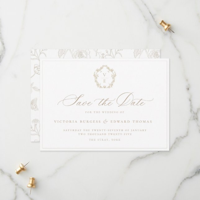 Vintage Beige-Wappen-Monogramm-Hochzeit Save The Date (Vorderseite/Rückseite Beispiel)