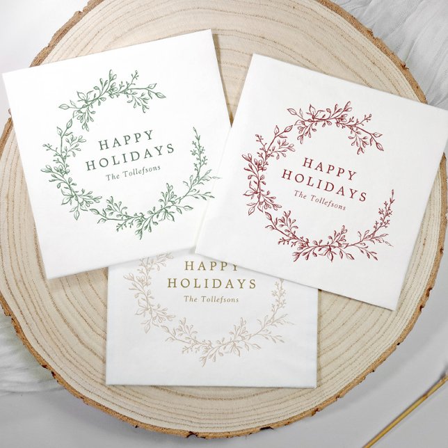 Vintage Beige Wreath Business Holiday Cocktail Serviette (Elegant vintage wreath simple botanical holiday or Christmas party napkins for business or home)