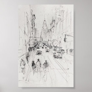 Vintage belebte Stadtstraße – urbane Illustration Poster