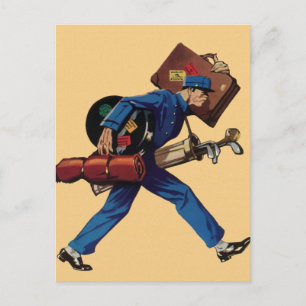 Vintage Bellhop in Uniform, Suitcase and Golf Club Postkarte